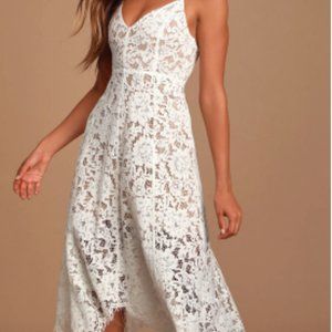 lulus One Wish White Lace Midi Dress